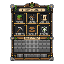 Minecraft GUI generator: a medieval survival menu 256×256 generated with crisp pixel-art labels