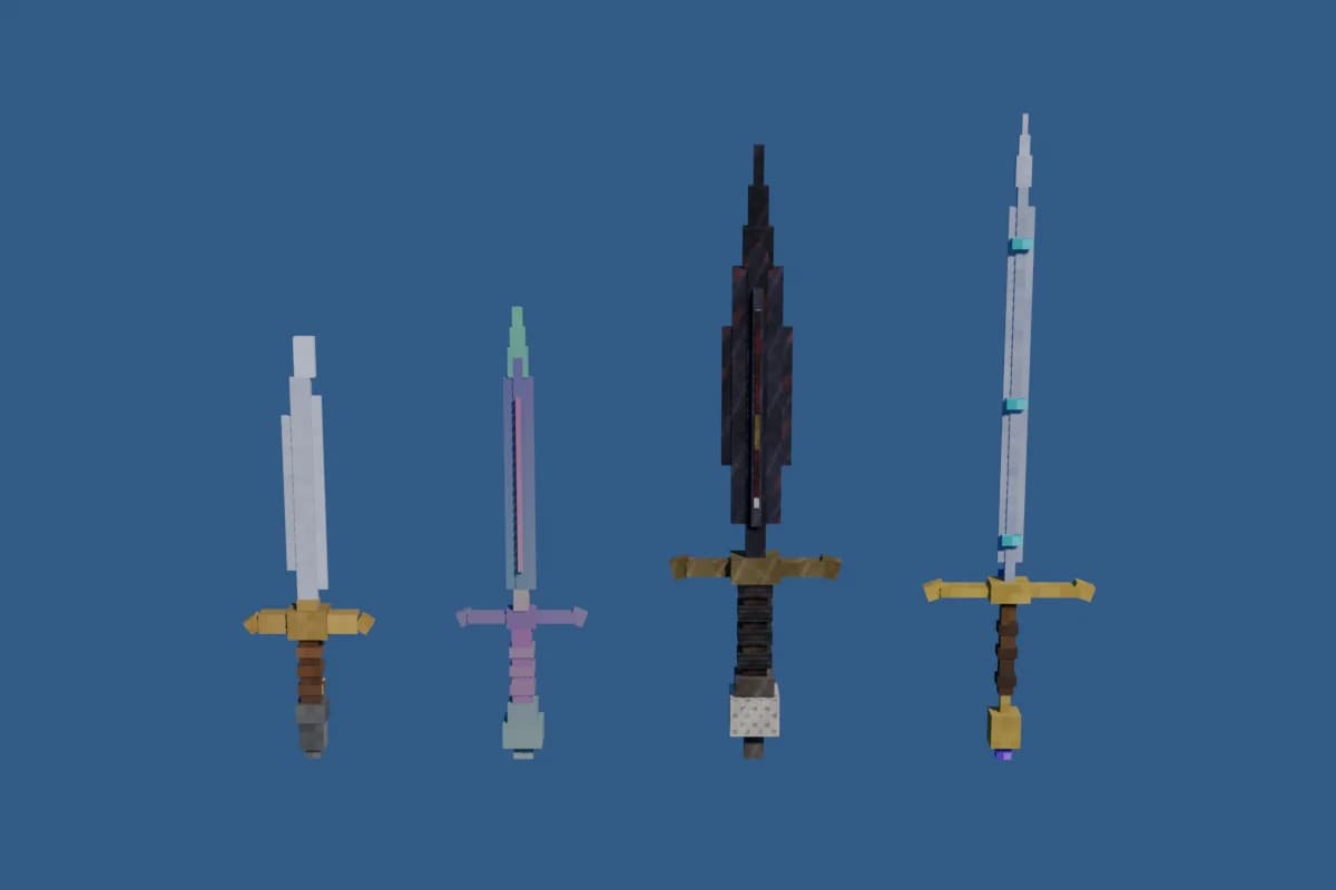Four blocky 3D swords generated for Roblox (pirate cutlass, mystic sword, demonic blade, kingdom sword) on a blue background