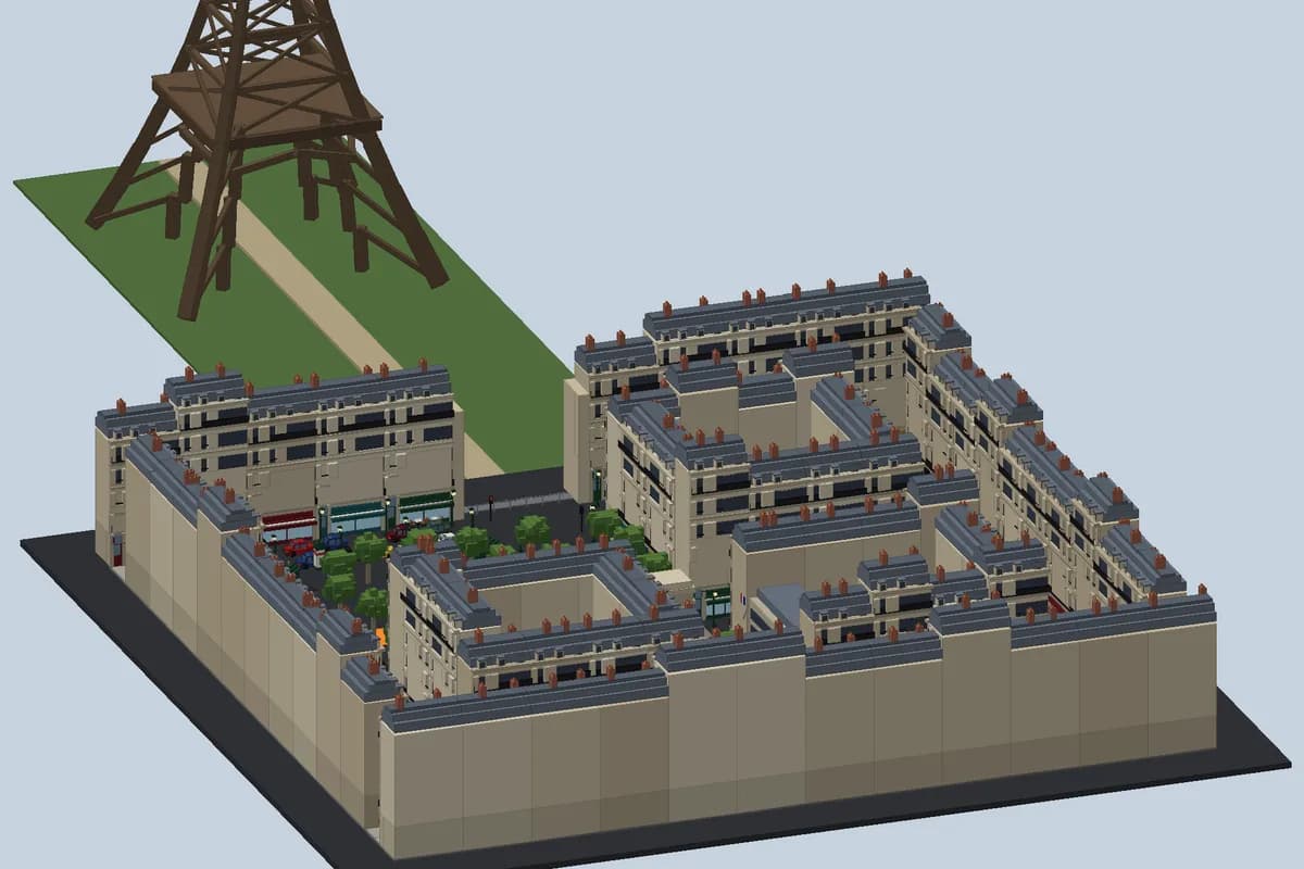 An isometric preview of a generated Roblox Paris map: Haussmann-style buildings around a courtyard with trees, cars and shop fronts, and an Eiffel Tower on a green lawn