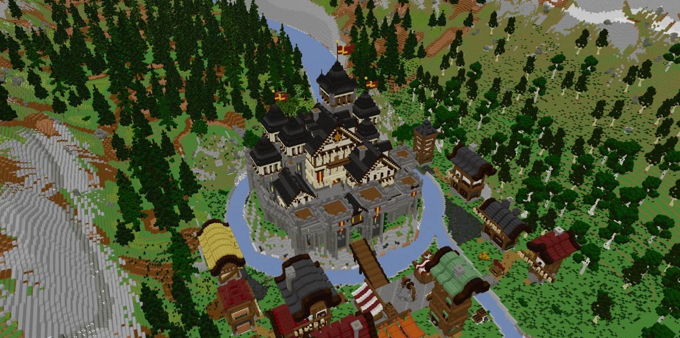 The castle of Val des Cimes, an example Minecraft world with a moat, towers, a village and snowy mountains made with Spaleforce tools