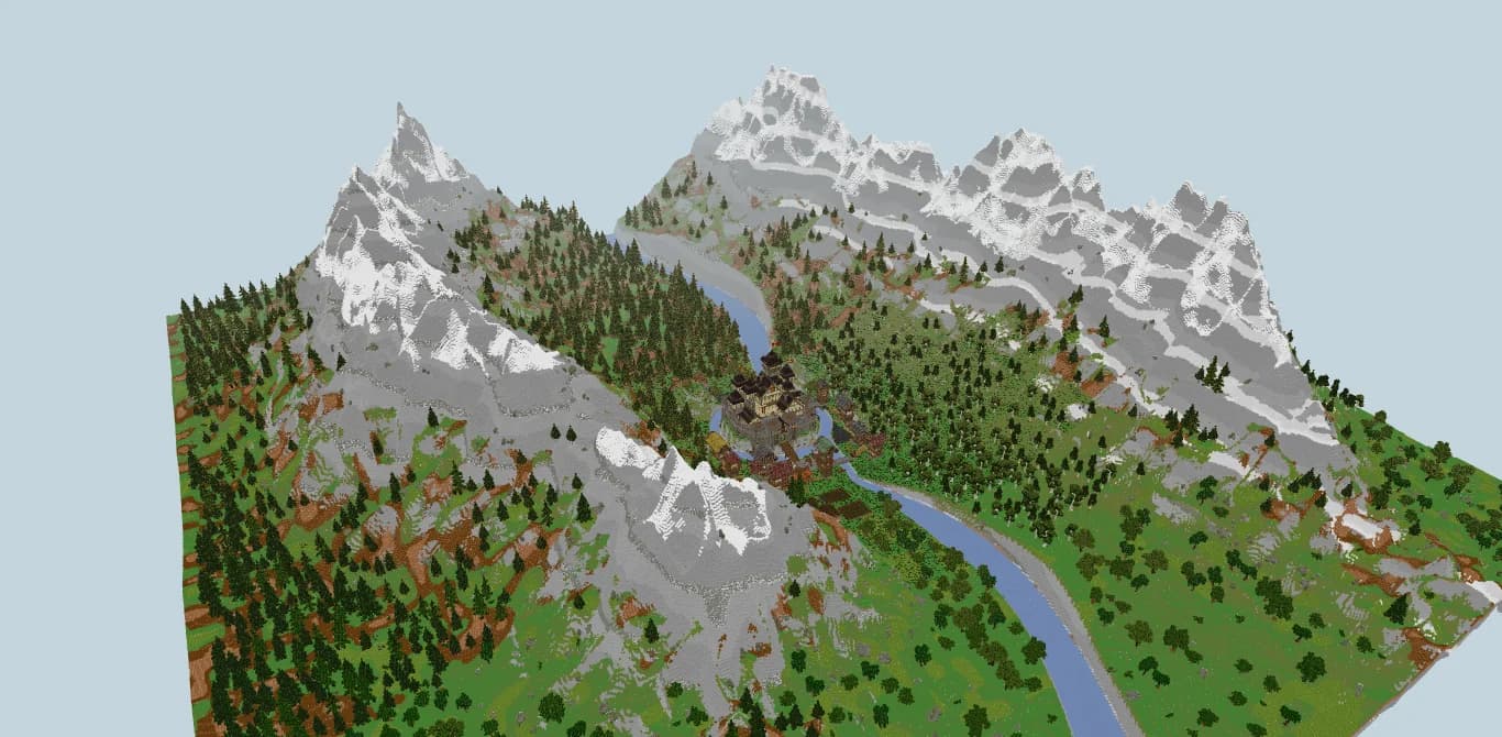 Val des Cimes: a Minecraft Java world with a river valley, spruce forests, snowy peaks, a village and a castle with a moat