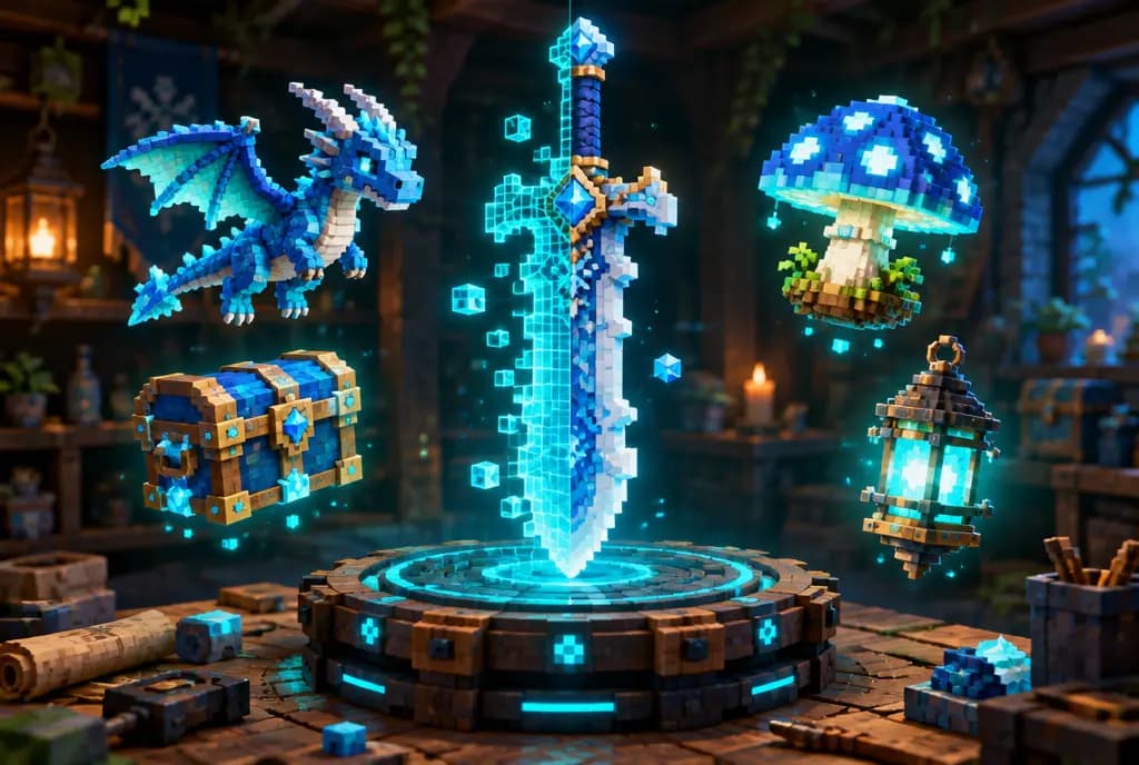 Blocky 3D models on a workshop turntable, a frost sword half wireframe and half textured, generated for Hytale by Spaleforce