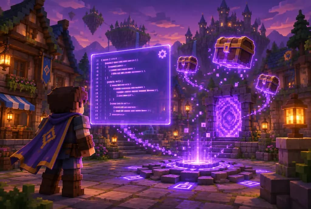 A glowing code panel above a blocky fantasy village plaza: a Hytale server plugin being generated by Spaleforce