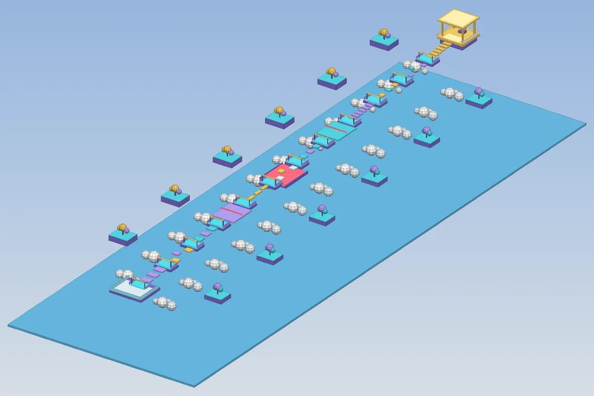 A Roblox obby level generated by Spaleforce: colored platforms, checkpoints and a finish tower, shown in the 3D map preview