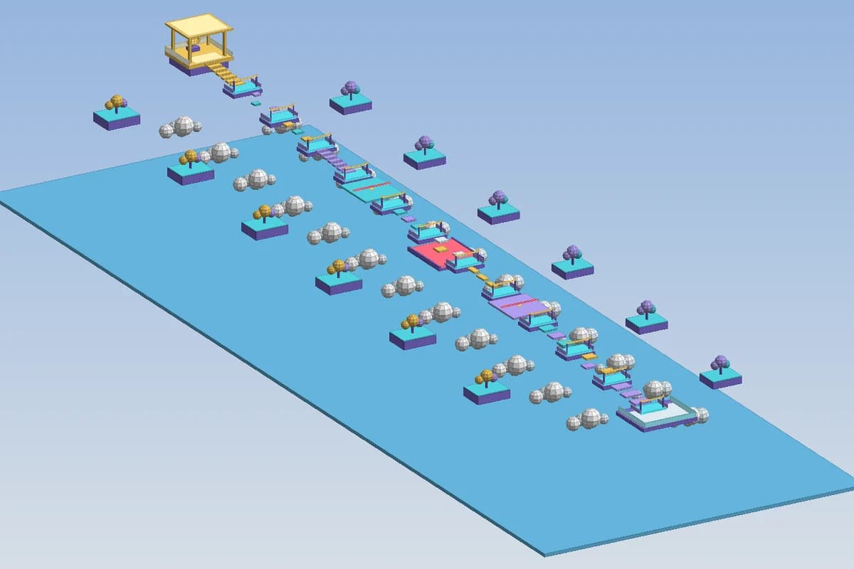 A generated Roblox sky obby: floating stages, checkpoint pads, cloud clusters and a golden finish tower, shown in the 3D map preview