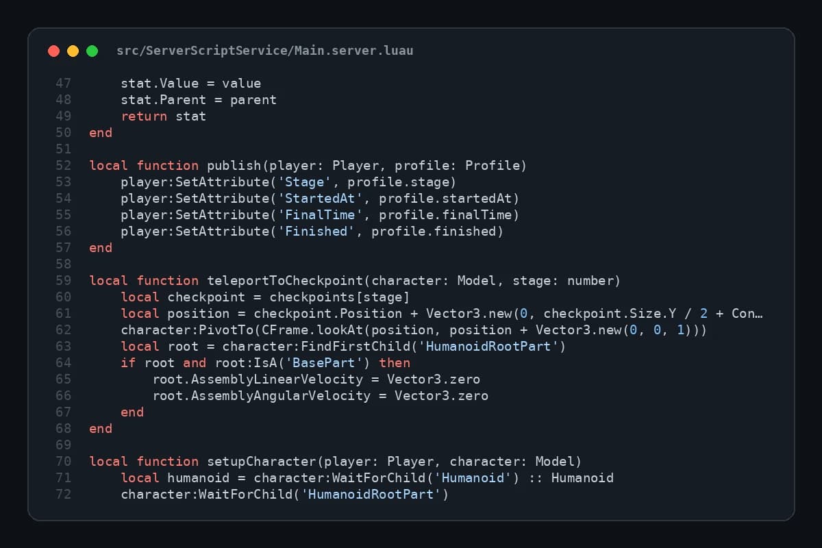 A generated Luau server script (Main.server.luau) in strict mode, with typed checkpoint tables and teleport logic