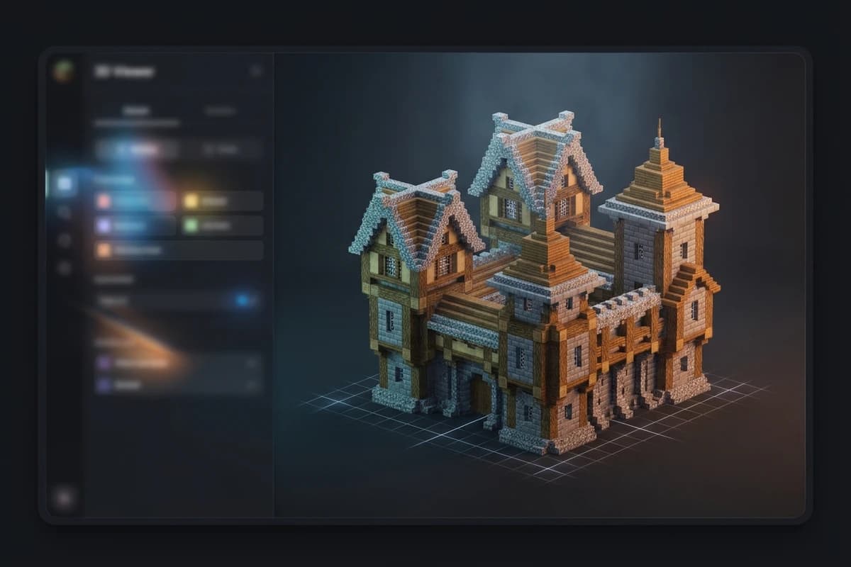 Timber-framed medieval Minecraft build displayed in a 3D schematic viewer