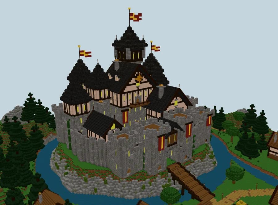 3D render of the Citadelle du Val-d'Or, a Minecraft castle with dark spires on a rocky island generated by AI from one reference image
