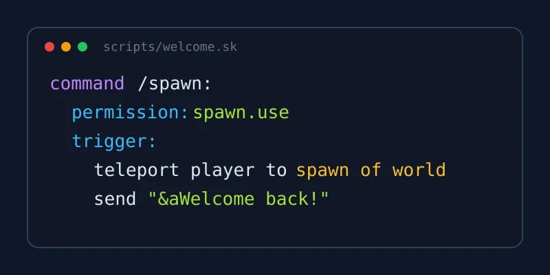 A generated .sk script for the Skript plugin defining a /spawn command with a cooldown option